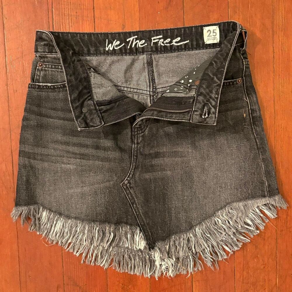Free People Women's Denim Skirt with Fringe in Dark Gray Wash 25" Waist
